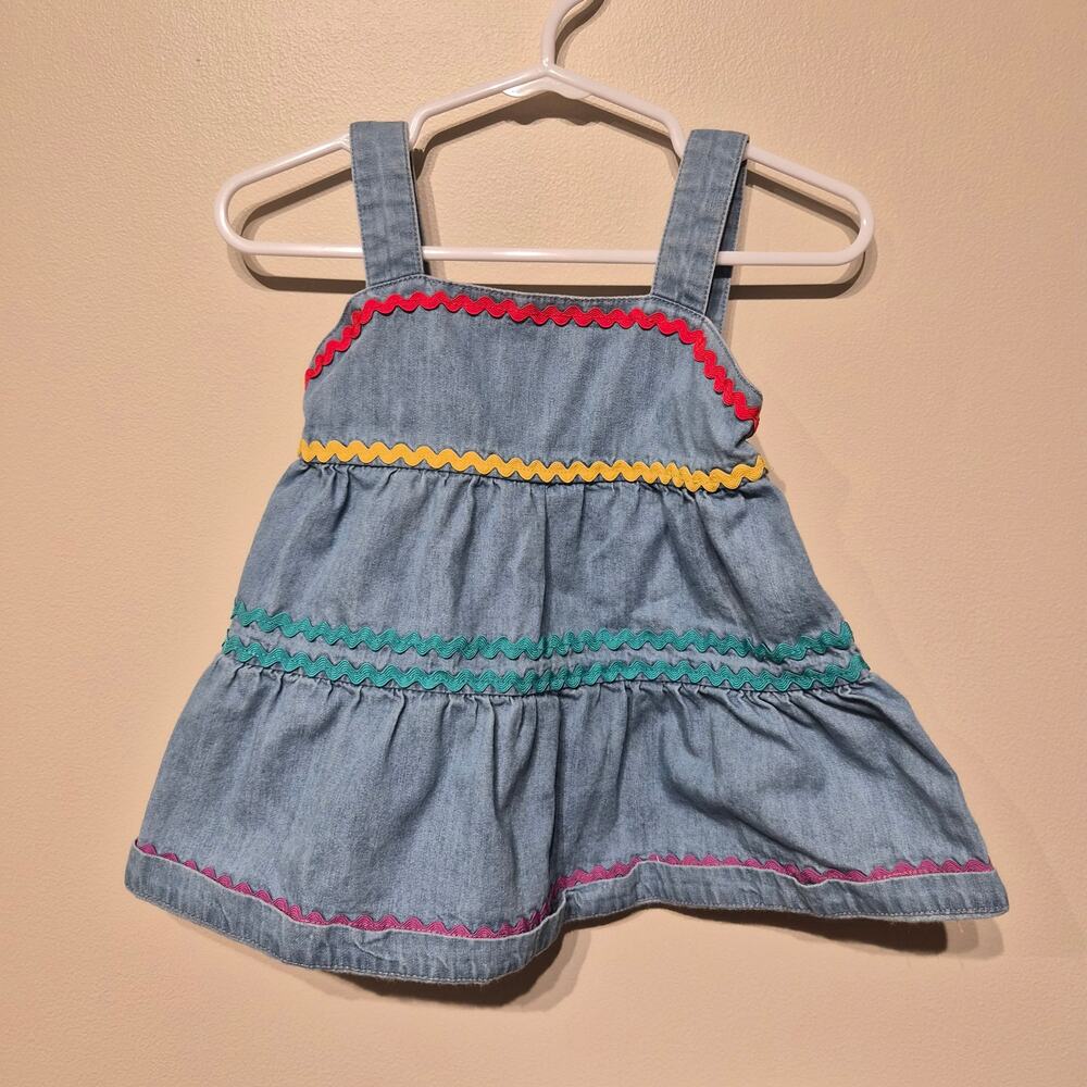 Hanna Andersson 3-6 Months Denim Ric Rac Chambray Dress Multicolor Embroidery